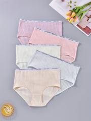 5 Pack Plus Size Panties Set Women's Plus Ribbed Letter Tape Trim Briefs