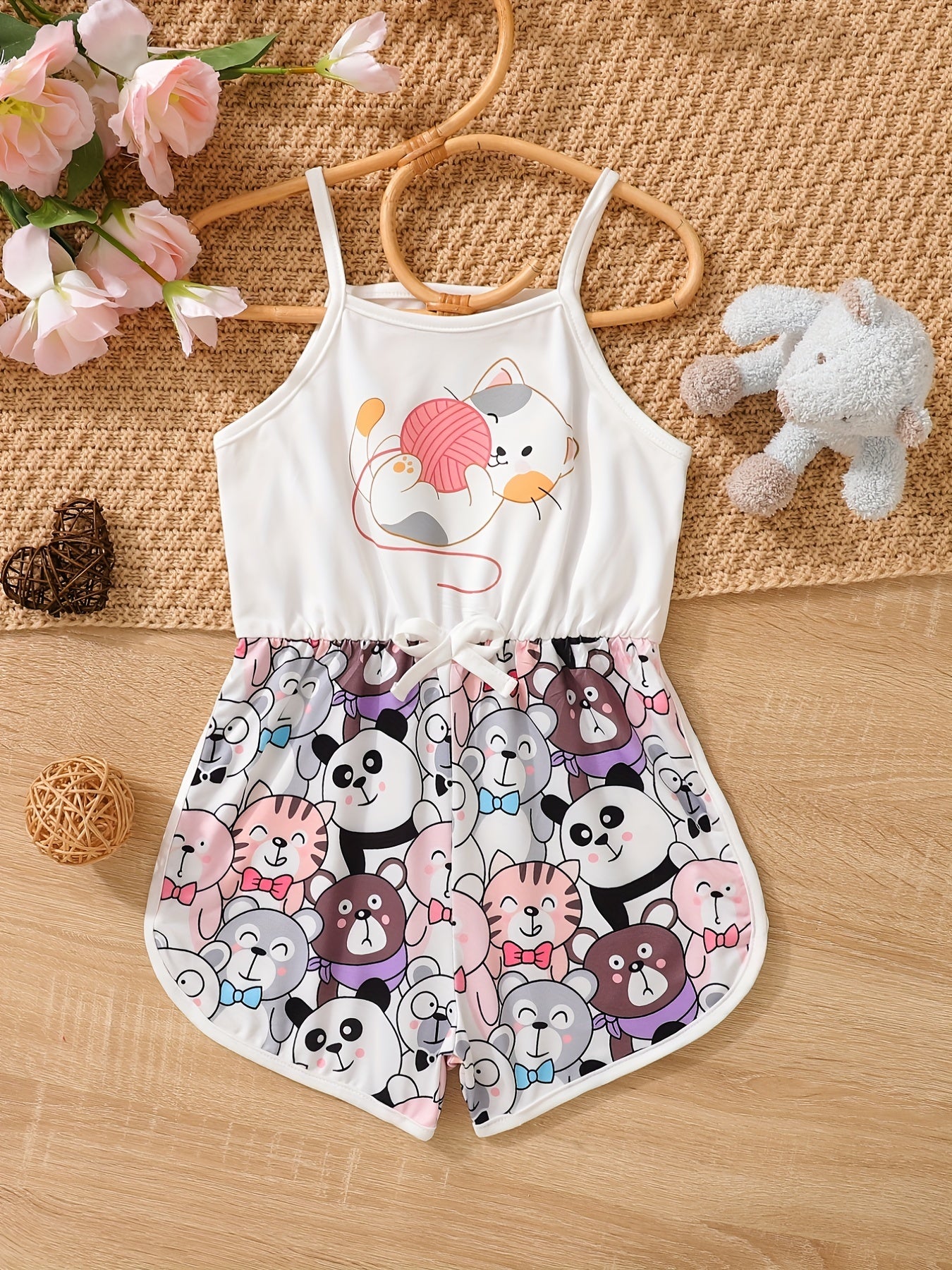 Toddler Girls Cat Graphic Bow Front Cami Romper Summer Clothes
