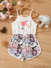 Toddler Girls Cat Graphic Bow Front Cami Romper Summer Clothes