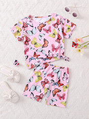 Girls Butterfly Print Tee & Shorts Set - Summer Clothes