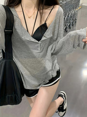 Grey Scoop Neck Cover Up T Shirt Top Long Sleeve Solid Sun Protection Beach Cove