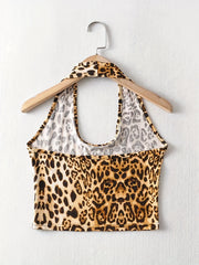 Leopard Print Halter Crop Top Summer Sleeveless