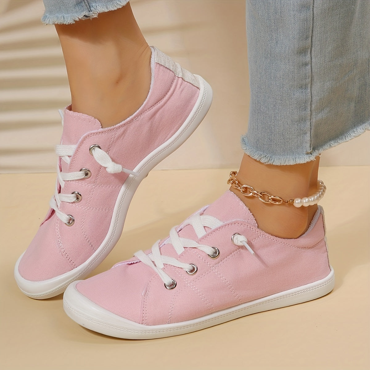 Women's Pink Canvas Low Top Lace Up Sneakers