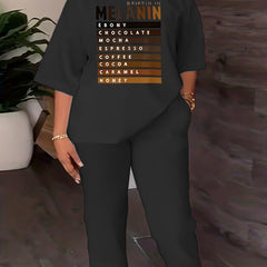 Casual Two piece Set Letter Print Crew Neck Tops & Solid Long Length Pants