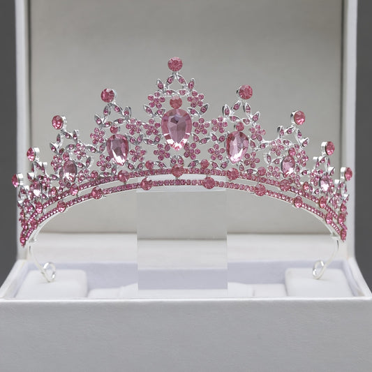 Yabeni Pink Crown Hair Accessory with Rhinestones for Wedding Party