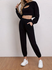 Casual 3pc Set: Cropped Long Sleeve Tops, Tank Top & Jogger Pants