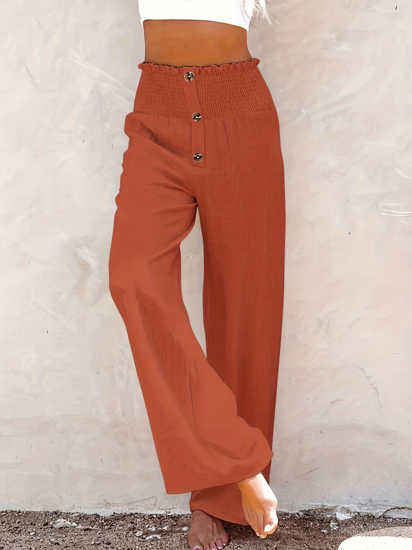 Boho Wide Leg Smocked Waist Button Pants