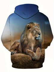 3D Print Lion Hoodie Men Graphic Pullover Kangaroo Pocket Loose Hooded