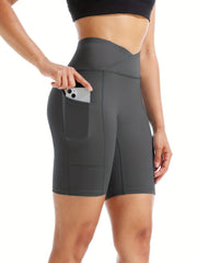 Cross Waist Pocket Sports Shorts For Women High Waisted Yoga Shorts Workout