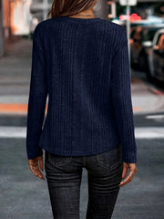 Solid Ribbed Button Sweater Round Neck Jumper