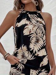 Feather Print Halter Neck Top Sleeveless Summer Casual Wear