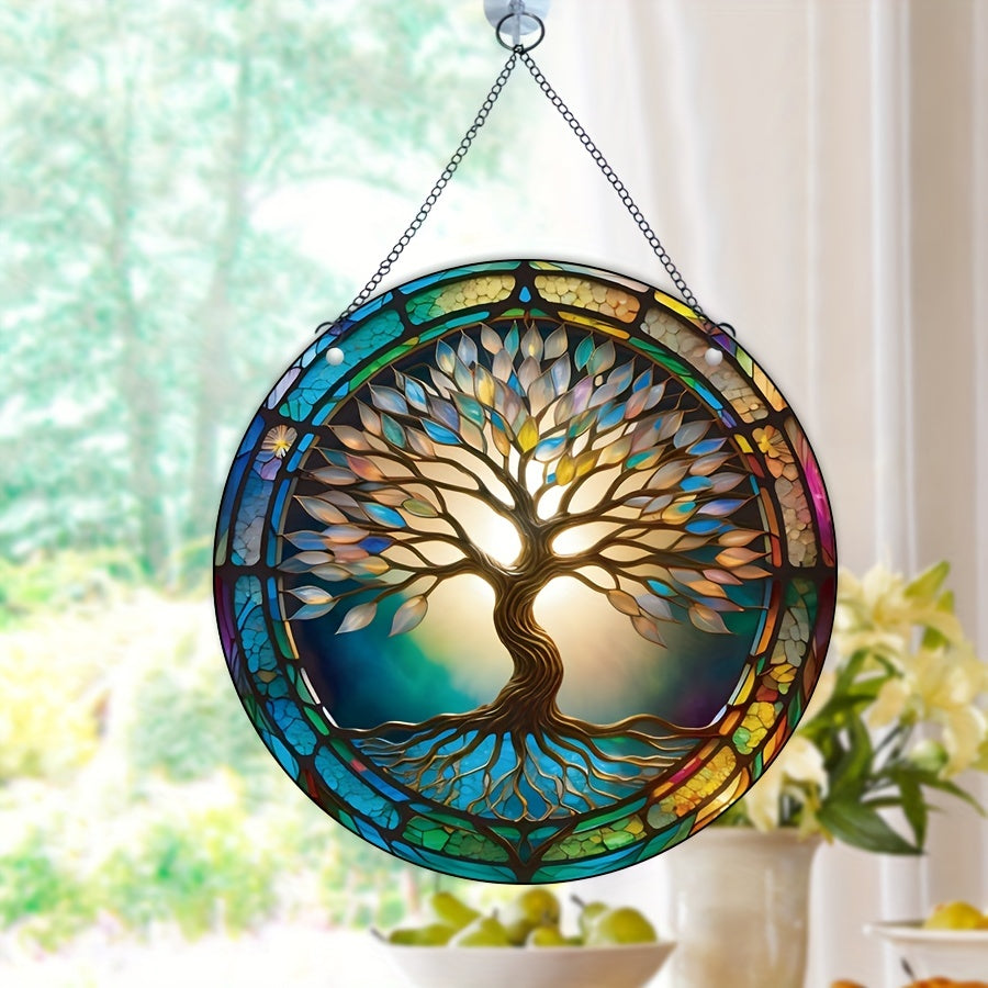 Colorful Tree Of Life Round Acrylic Stain Window Hanging Pendant