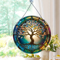 Colorful Tree Of Life Round Acrylic Stain Window Hanging Pendant