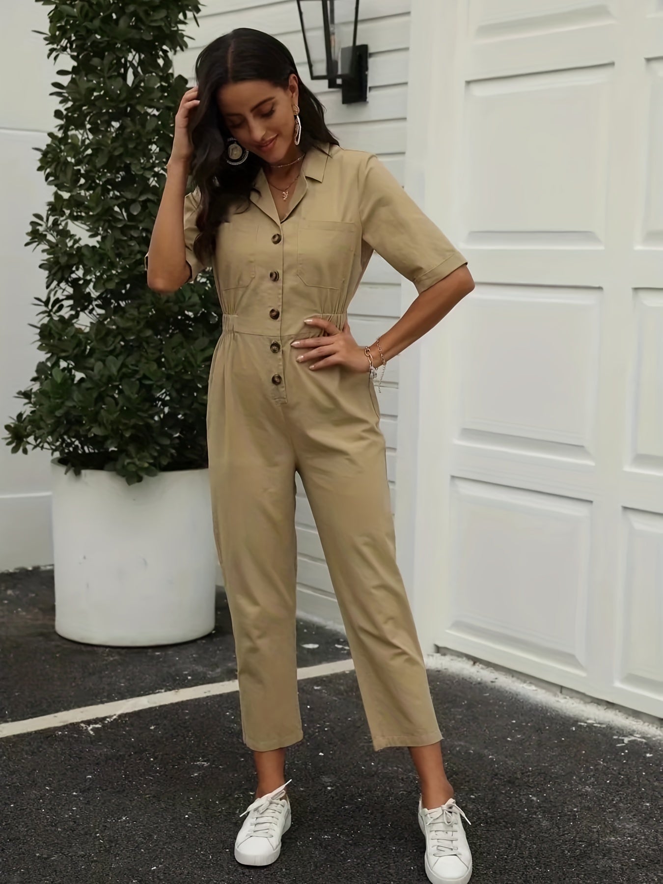 Button Front Jumpsuit Short Sleeve Wide Leg Jumpsuit