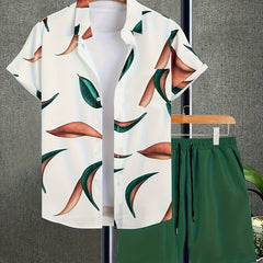 Men's Leaf Print Hawaii T shirt & Beach Shorts Matching Set