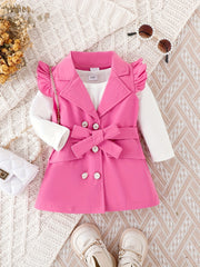 3pcs Baby Girl Stylish Button Up Flutter Sleeve Coat & Blouse & Belt Set