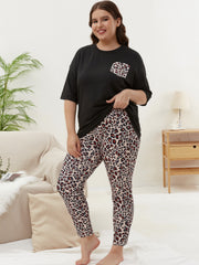 Leopard Print Pajama Set Short Sleeve Top & Pants