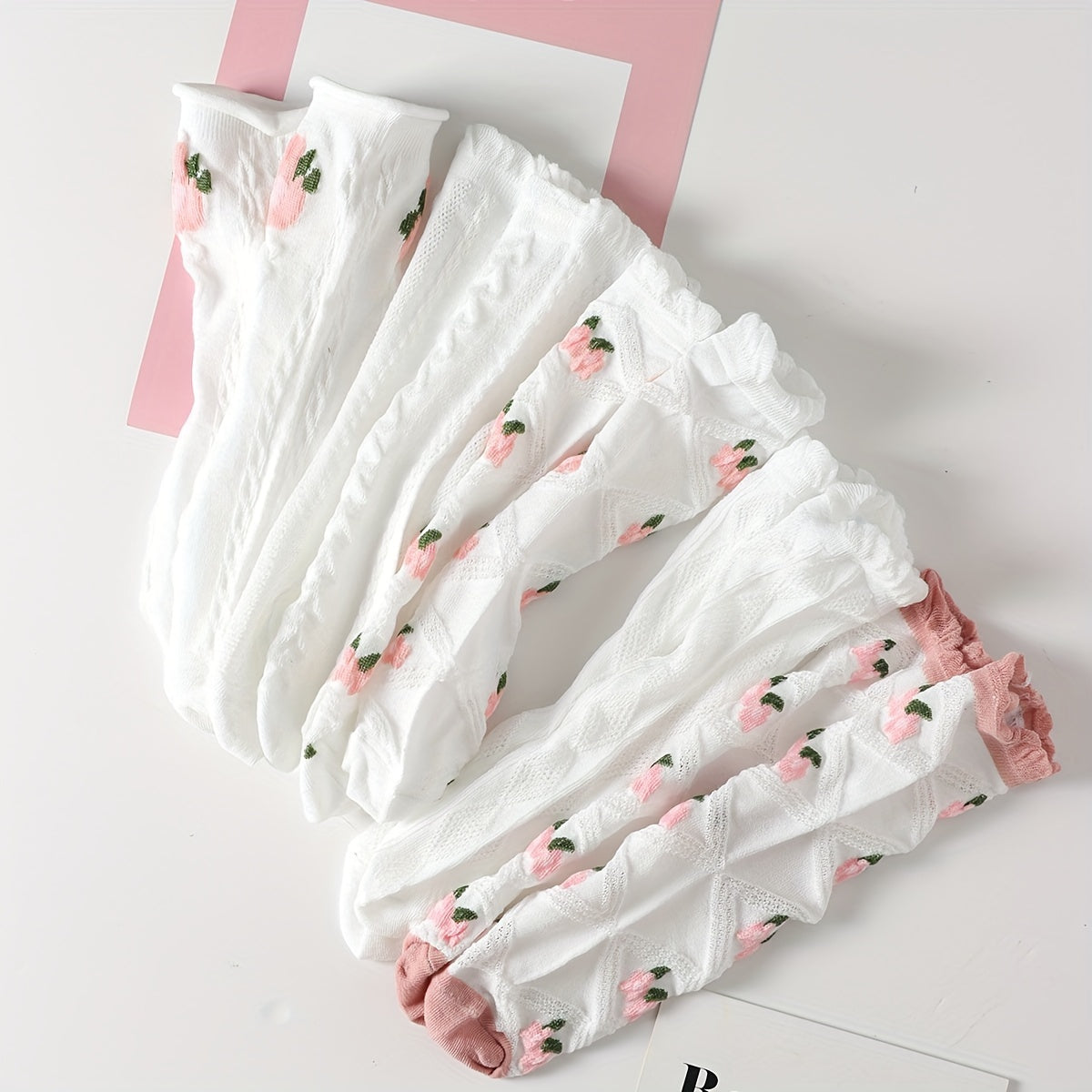 5 Pairs Floral Print Ruffle Socks for Women