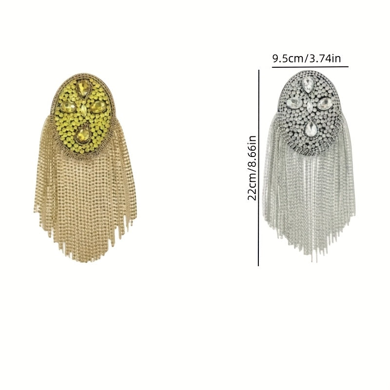 Golden Rhinestone Tassel Epaulettes Sparkling Glamour Shoulder Patches