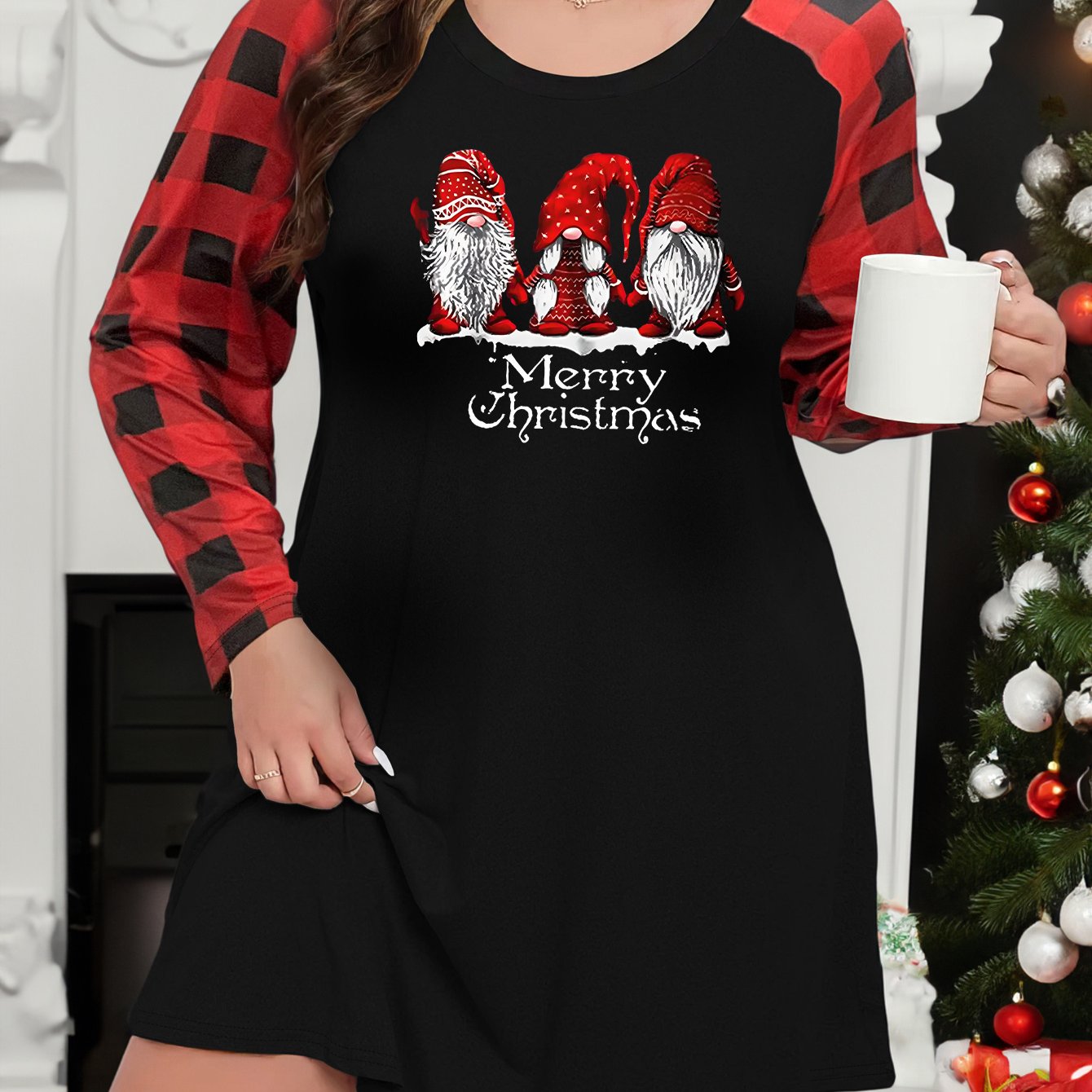 Christmas Loungewear Gnomes Plaid Raglan Sleeve Dress