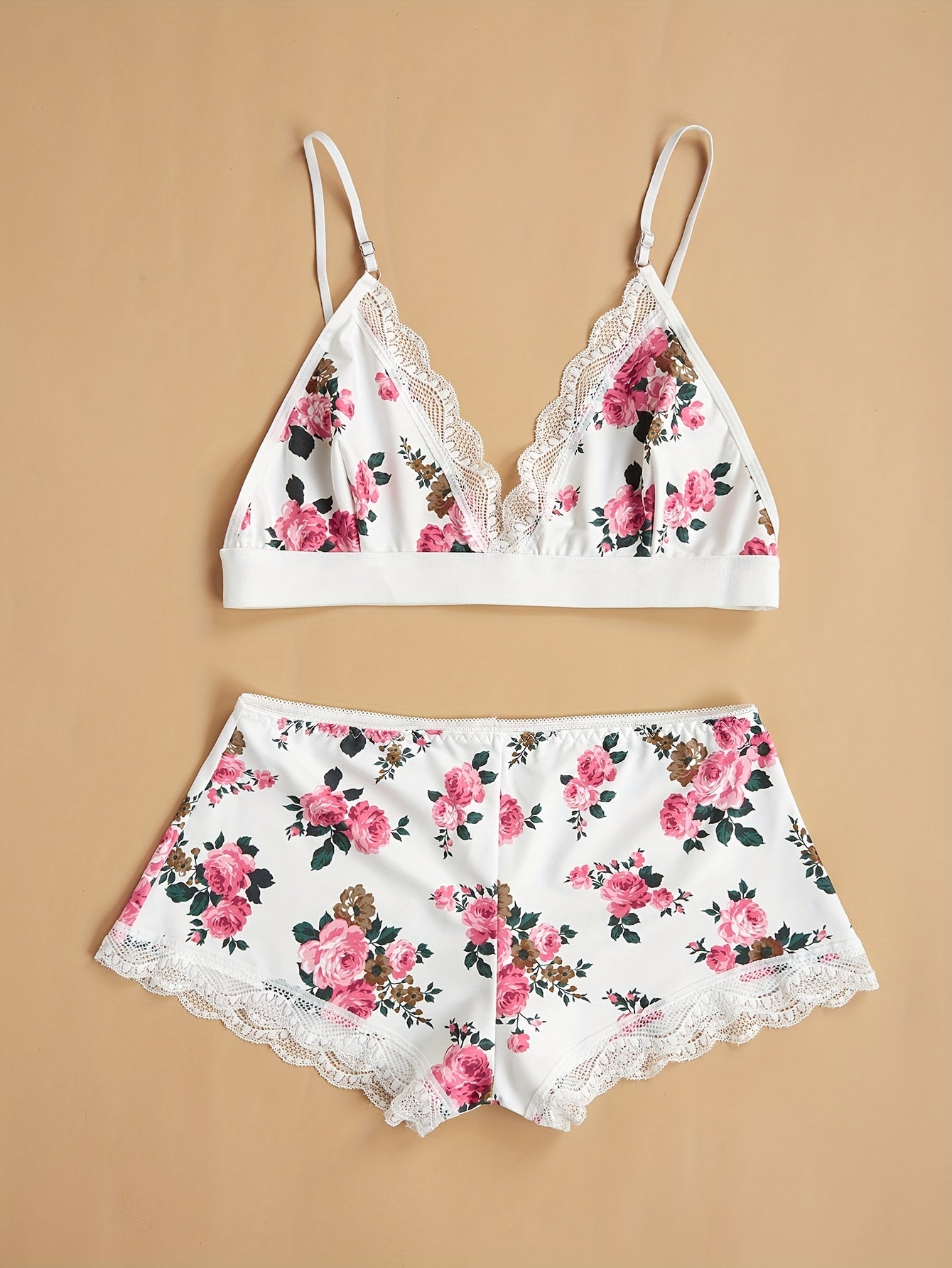 Floral Print Pajama Set Deep V Crop Cami Top & Lace Trim Shorts