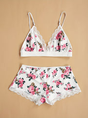 Floral Print Pajama Set Deep V Crop Cami Top & Lace Trim Shorts