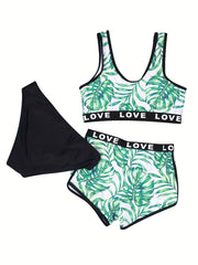 Girls Tropical Print Bikini Swimsuit Shorts Set for 7-12 Years