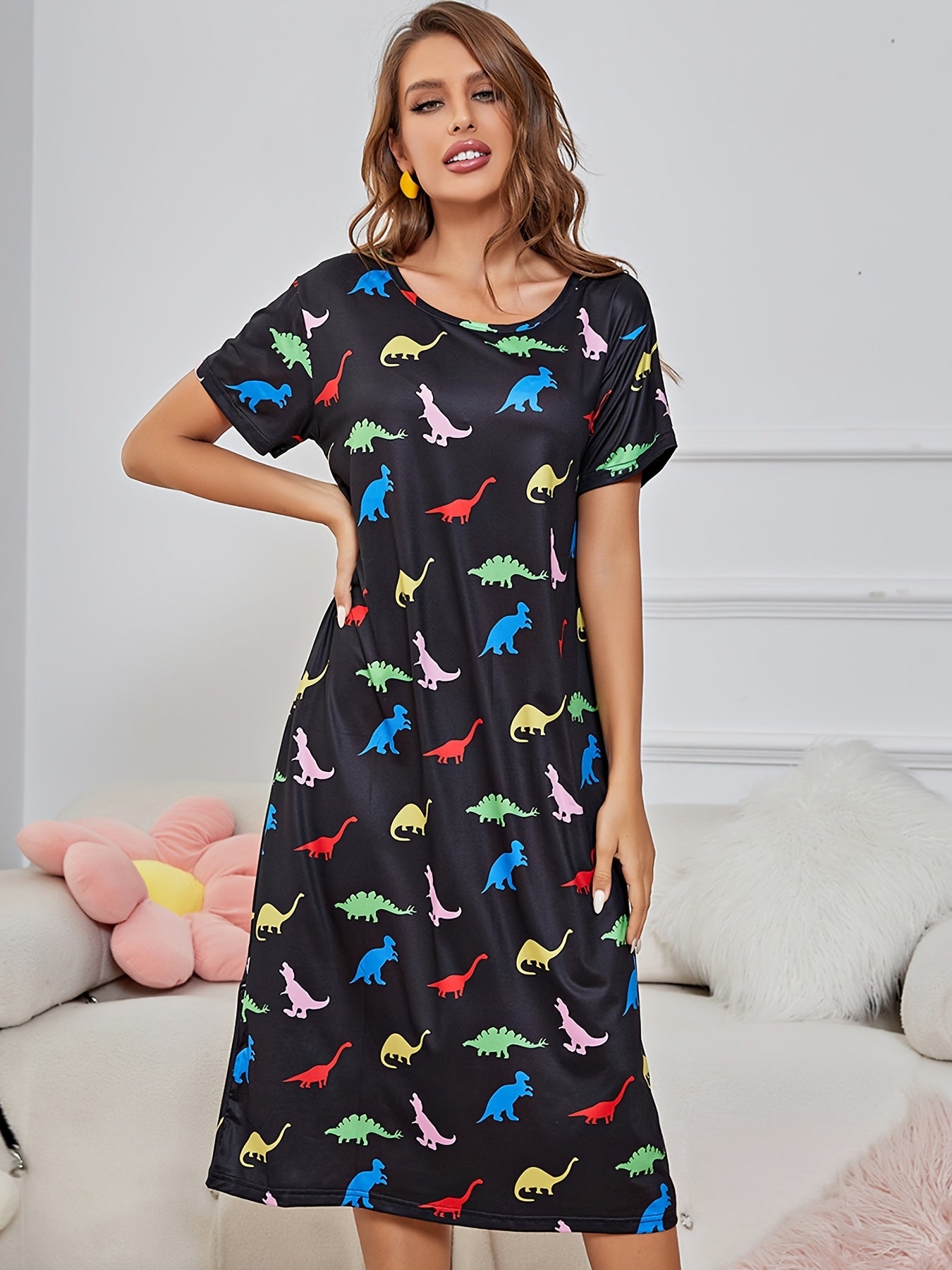 Dinosaur Print Nightdress Short Sleeve Sleep Dress Women's Sleepwear