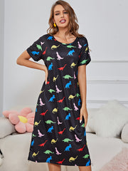 Dinosaur Print Nightdress Short Sleeve Sleep Dress Women's Sleepwear