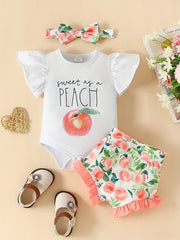 3pcs Baby Girls Cow Peach Print Ruffle Sleeve Shorts Headband Set Clothes