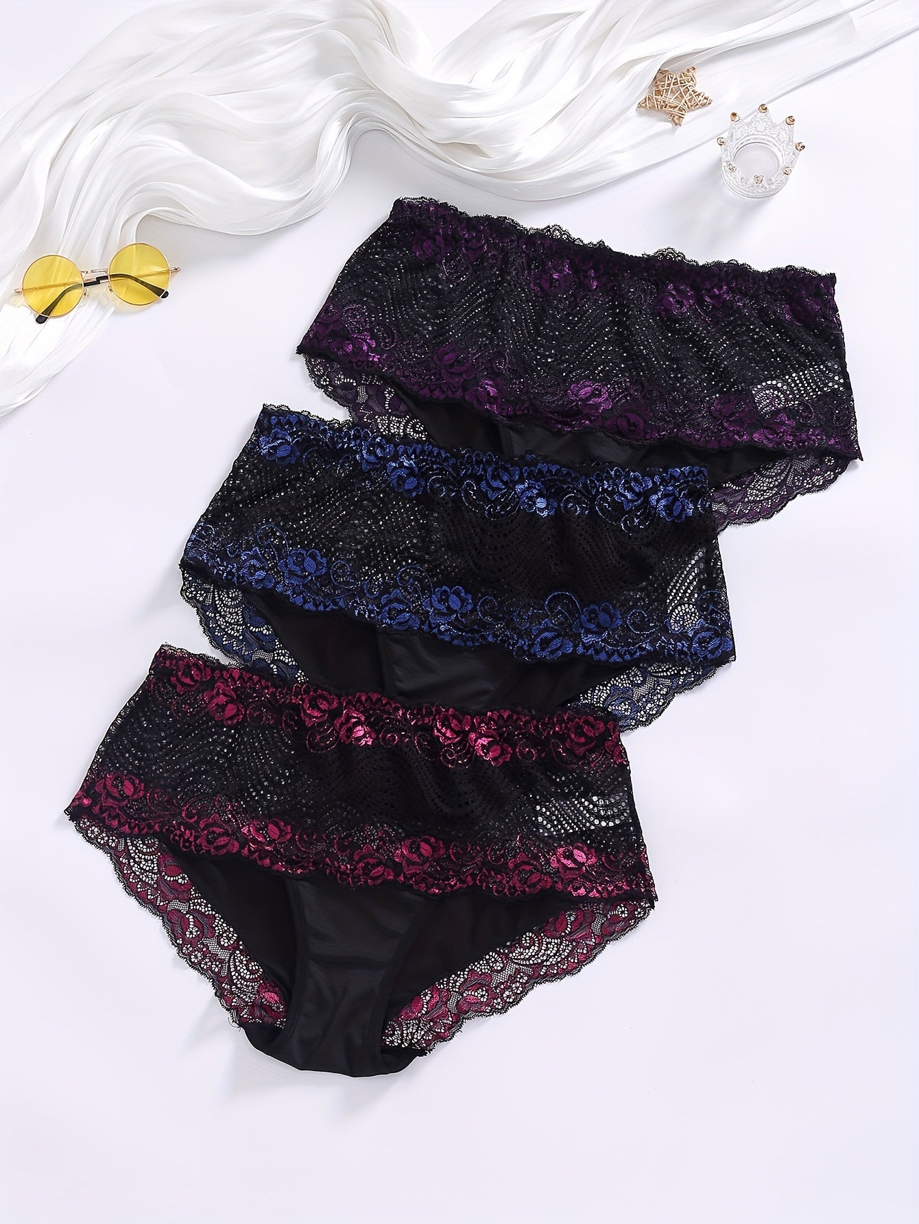 3 Pack Plus Size Sexy Lace Briefs Set Women's Plus Floral Embroidered