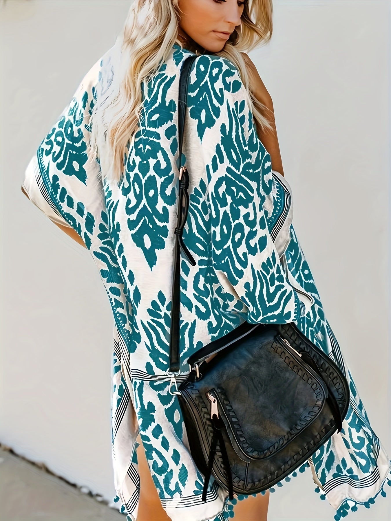 Pom Pom Decor Trim Cover Up Cardigan Batwing Sleeve Beach Cover Up