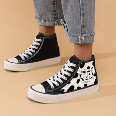 Cow Print High Top Chunky Canvas Sneakers