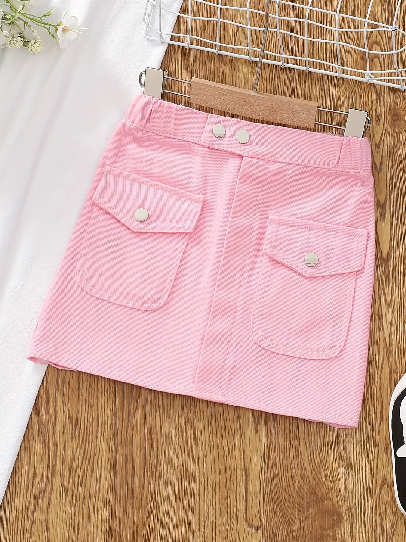 Girls' Button Pocket Short Denim Skirts Set - Casual & Stylish