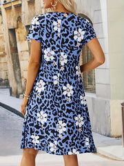 Leopard & Floral Print V Neck Dress Short Sleeve Dress For Spring & Summer