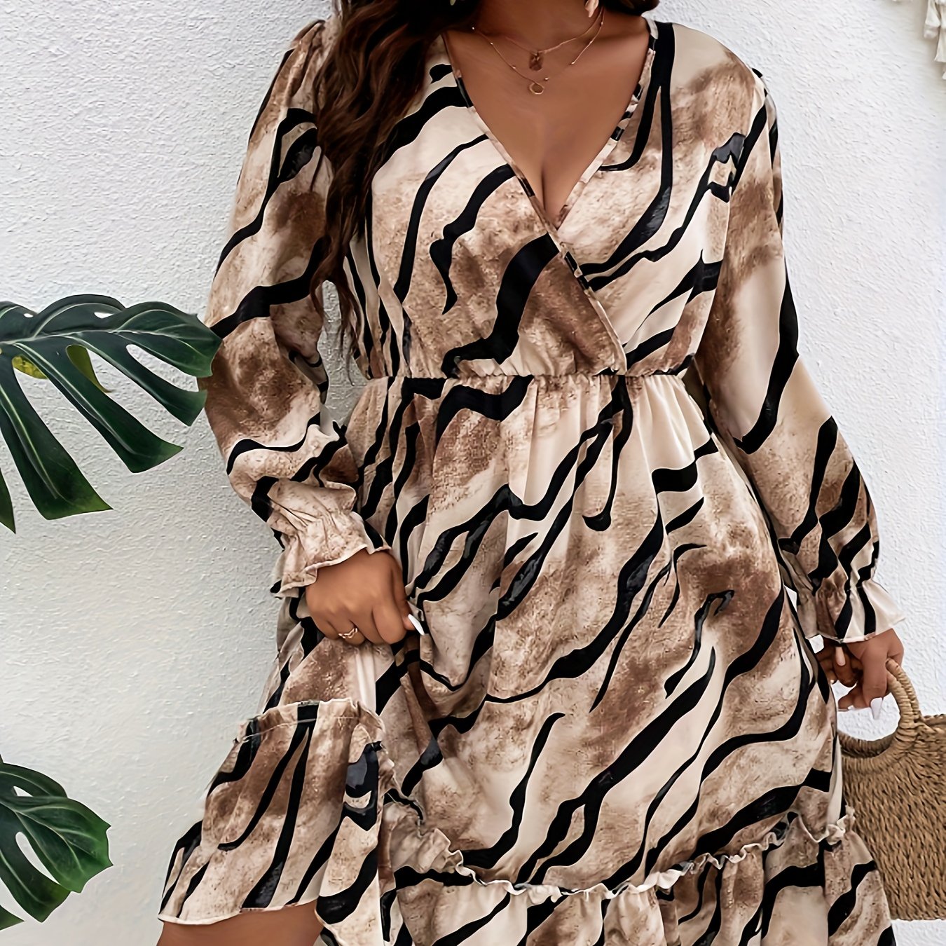 Stripe Print Lantern Sleeve Ruffle Trim Dress
