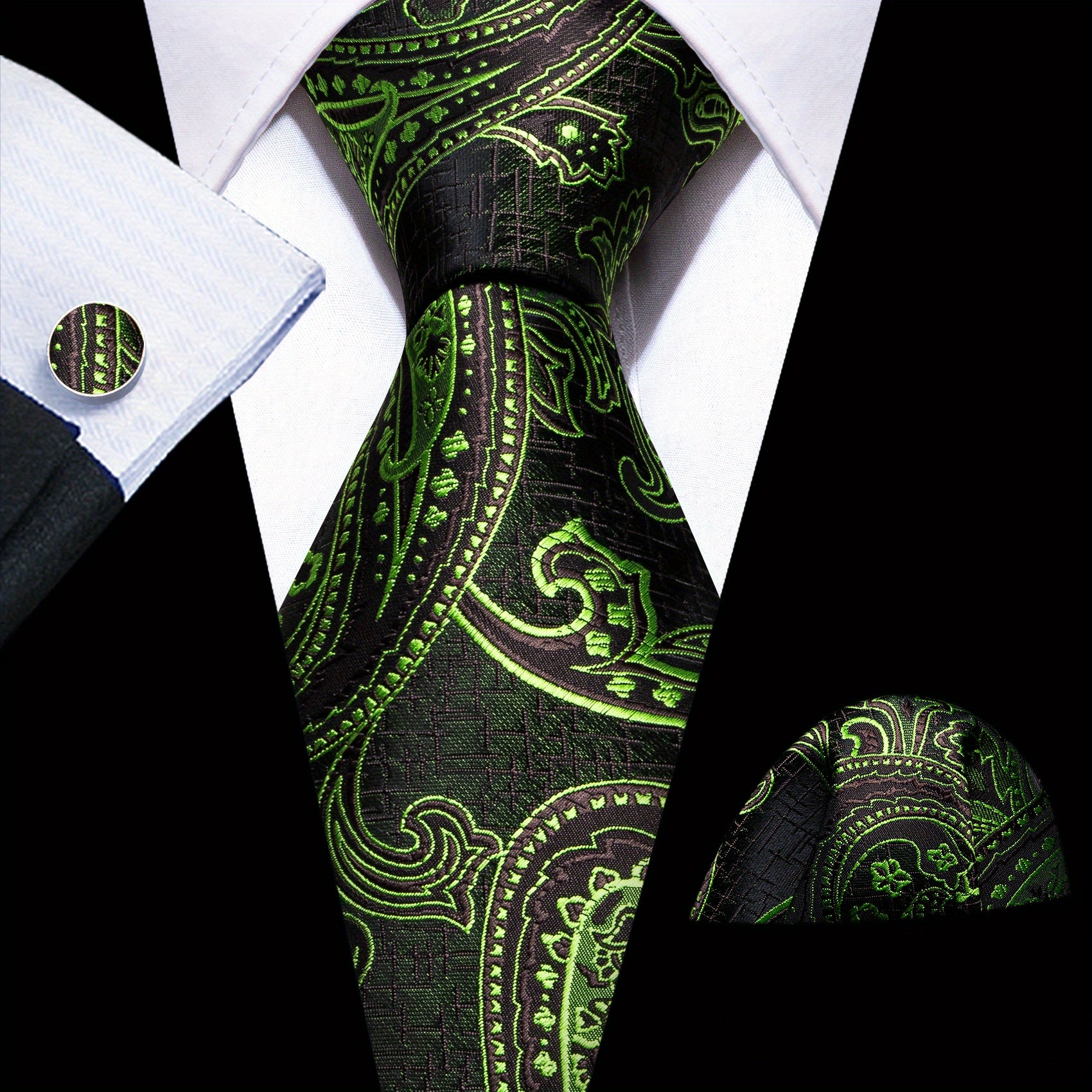 Barry Wang Classic Striped Tie For Men Silk Necktie Pocket Square Cufflinks Set