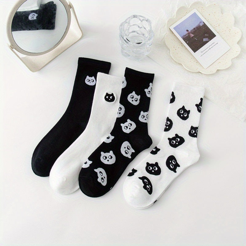 4 Pairs Cartoon Cat Print Socks Mid Tube Women's Stockings