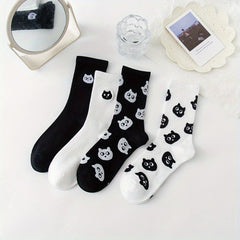4 Pairs Cartoon Cat Print Socks Mid Tube Women's Stockings