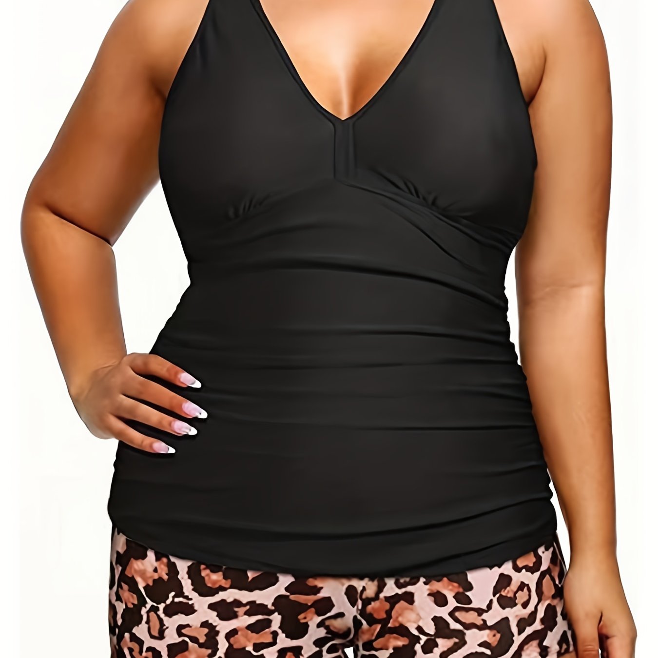 Vacay Tankini Set - Solid V Neck Tank Top & Leopard Shorts