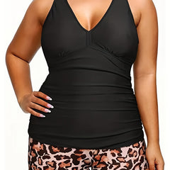 Vacay Tankini Set - Solid V Neck Tank Top & Leopard Shorts