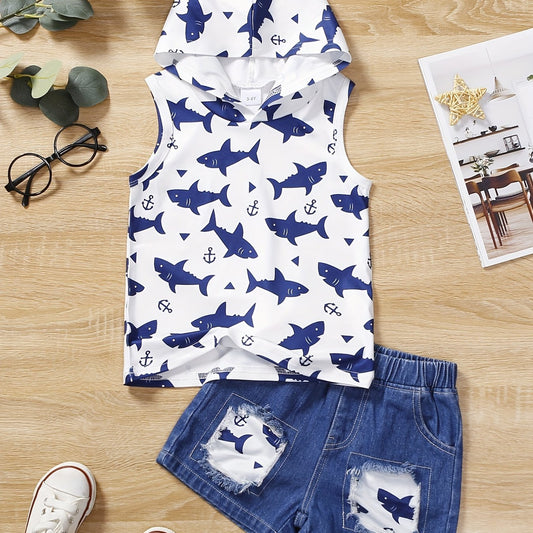 2pcs Shark Graphic Boys Hooded Tank Top&Shorts Set