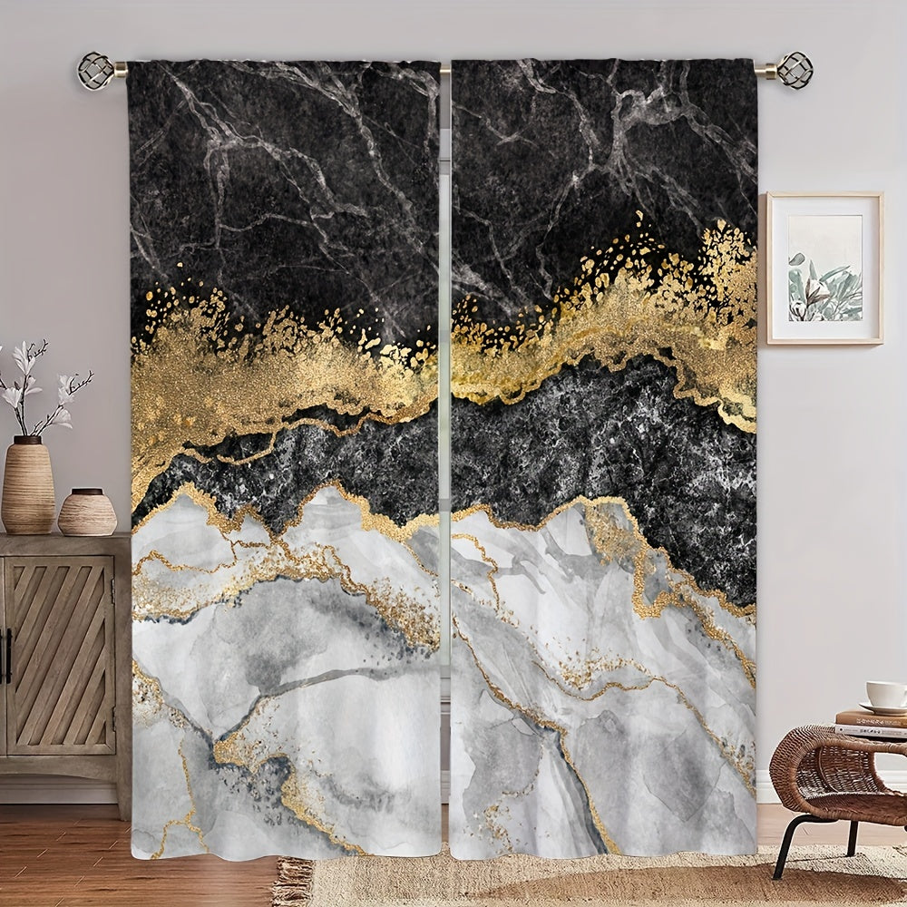 Marble Printed Window Curtain Grey Marble Pattern Rod Pocket Window Drapes