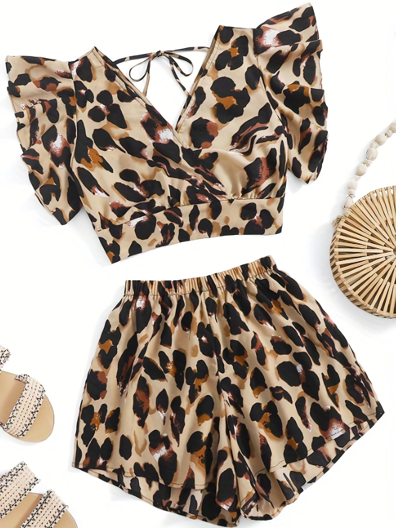Leopard Print Two piece Set Ruffle Trim Tie Back Tops & Elastic Waist Sho