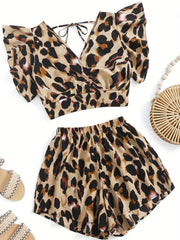Leopard Print Two piece Set Ruffle Trim Tie Back Tops & Elastic Waist Sho