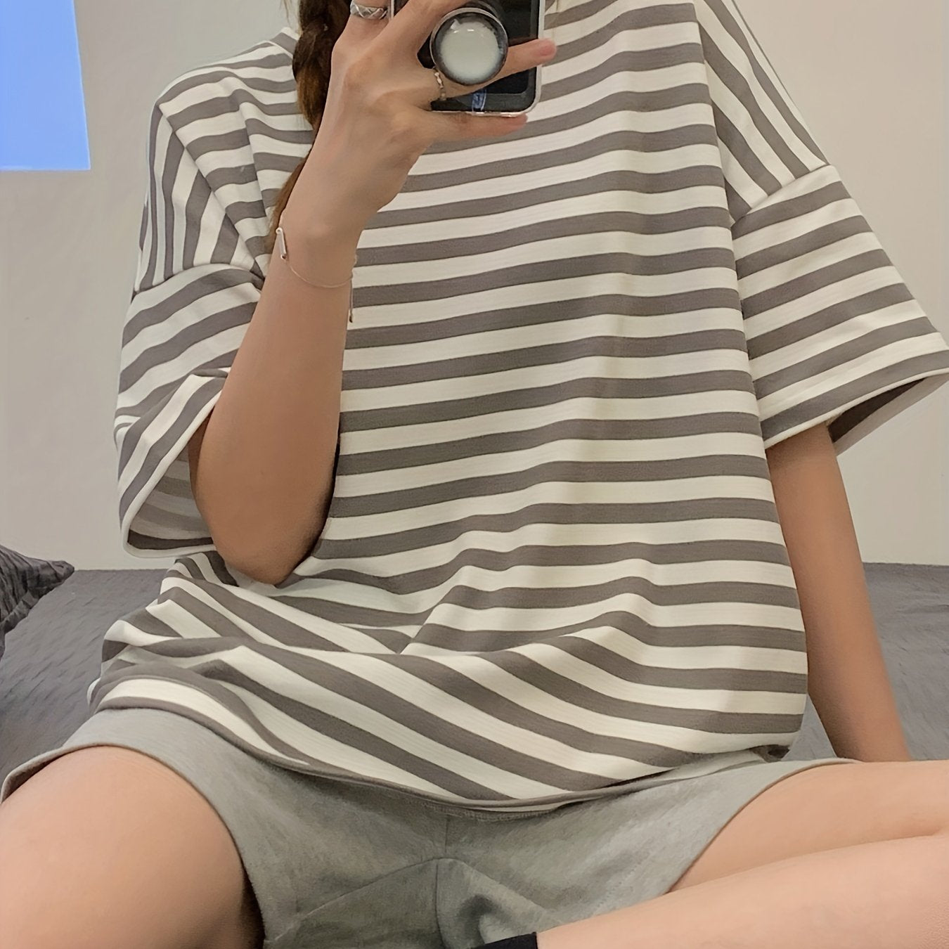 Striped Print Pajama Set Short Sleeve Crew Neck Top & Elastic Waistband Shorts