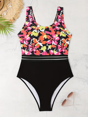 Colorblock Tie Dye Floral Print One Piece Swimsuit