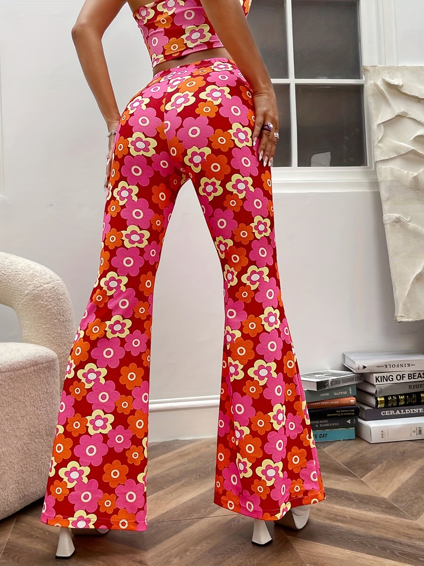 Floral Print High Waist Flare Leg Pants Elastic Waist Pants