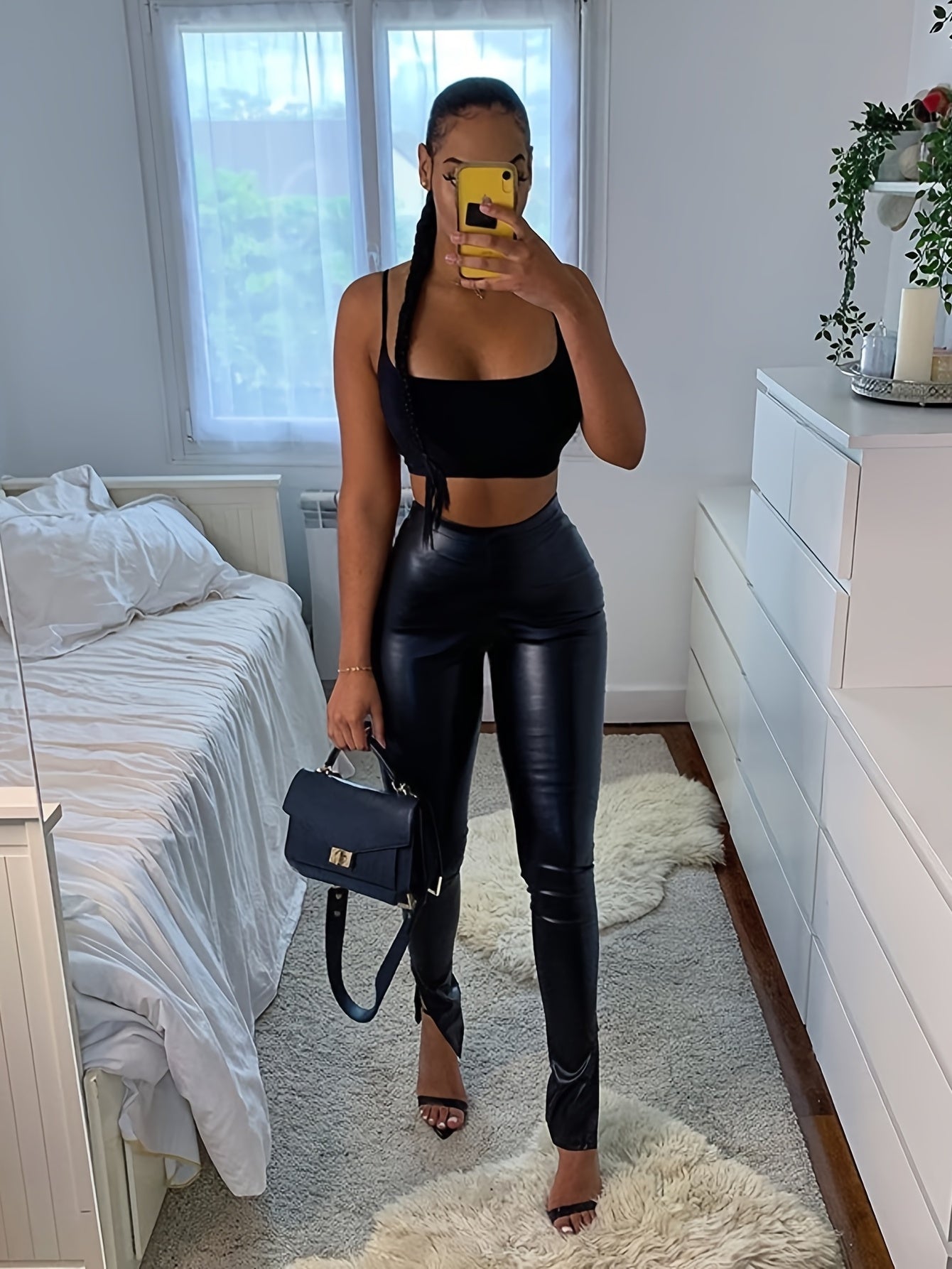 Women's Solid PU Pants High Waist Stretchy Pants