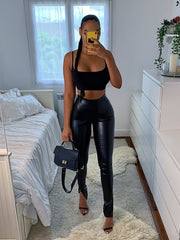 Women's Solid PU Pants High Waist Stretchy Pants
